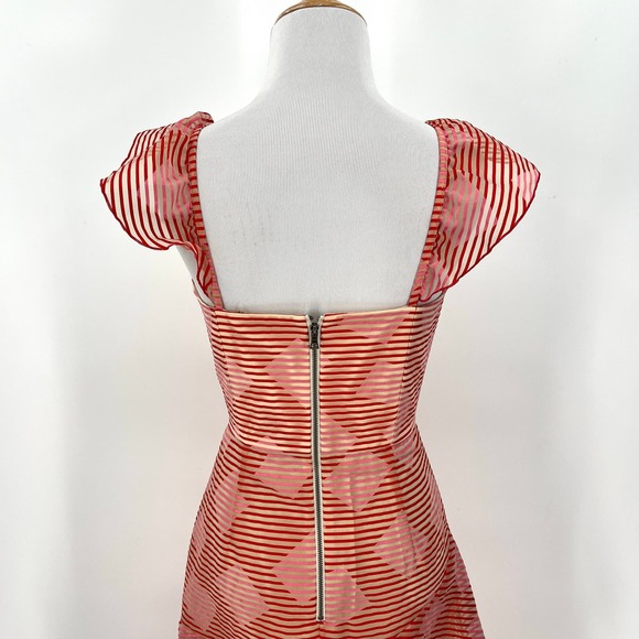 ALICE + OLIVIA Angelita Dress Women 4 Red Pink Sheer Stripe Ruffle Layered Party - Picture 5 of 16